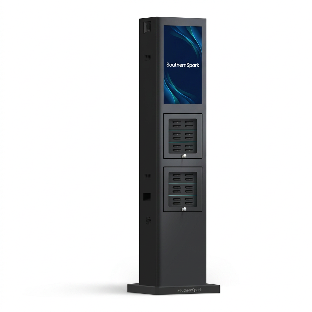 Black floor-standing portable power-bank rental kiosk with a large portrait advertising screen and two banks of charger slots