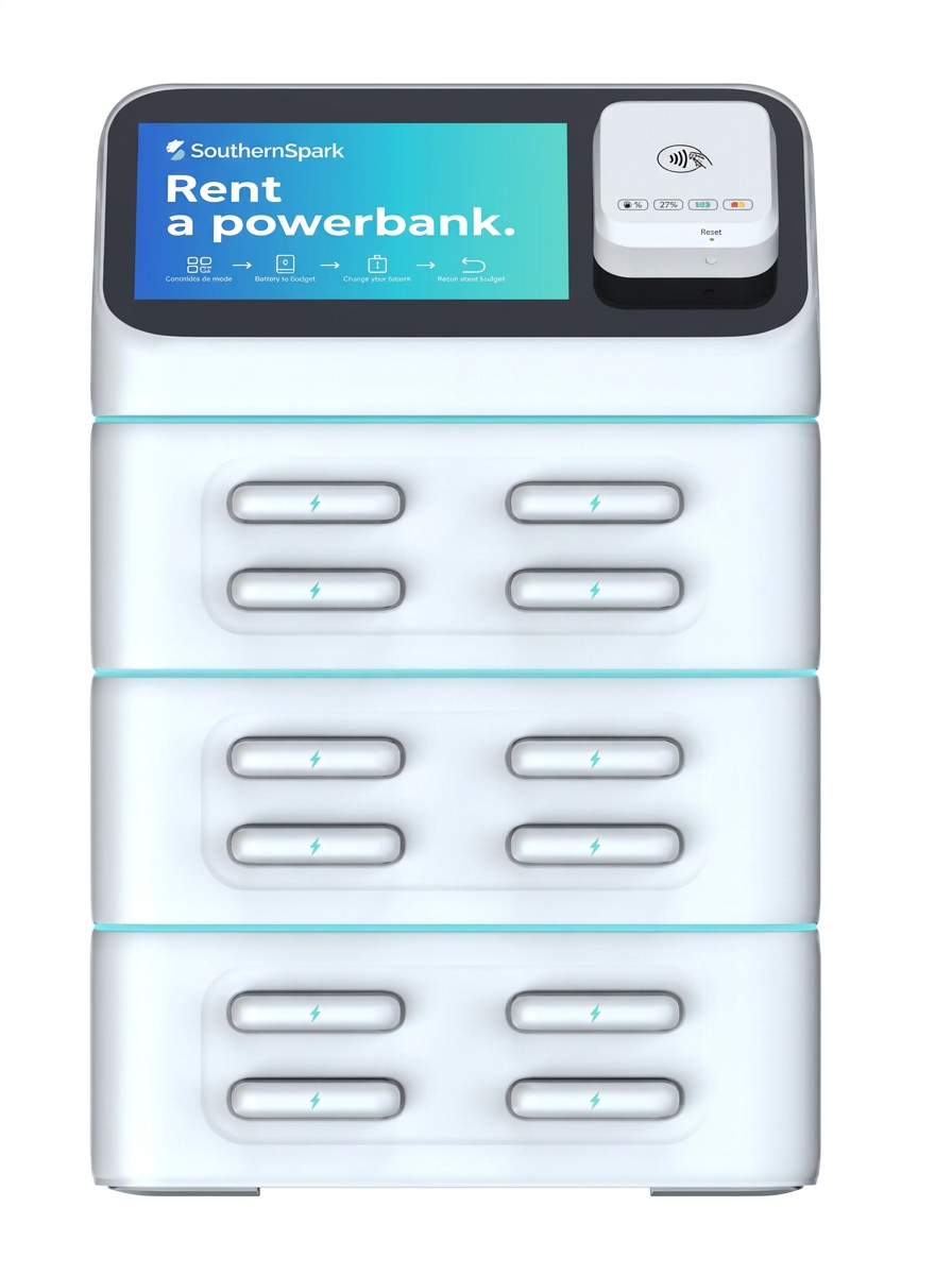 Compact Southern Spark portable power-bank rental station with twelve charger slots, payment reader, and digital advertising screen
