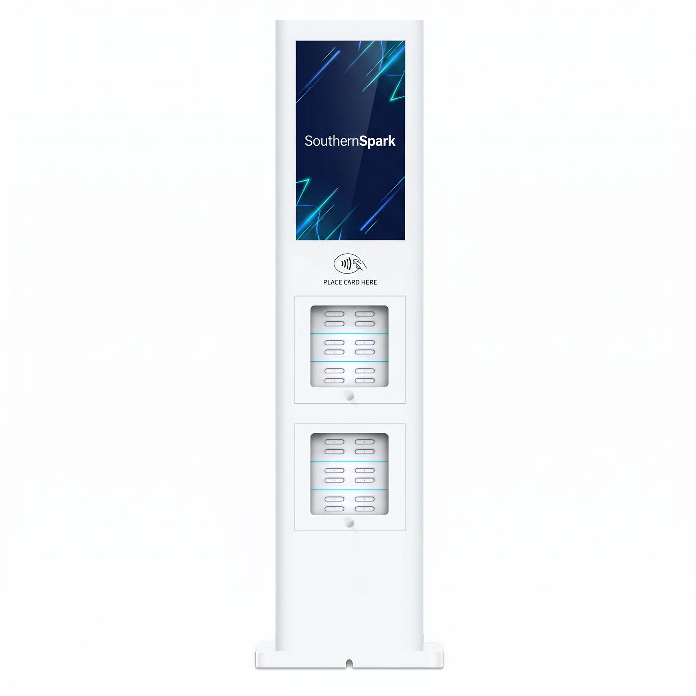 Southern Spark's proposed floor-standing portable power-bank rental kiosk with a large portrait screen